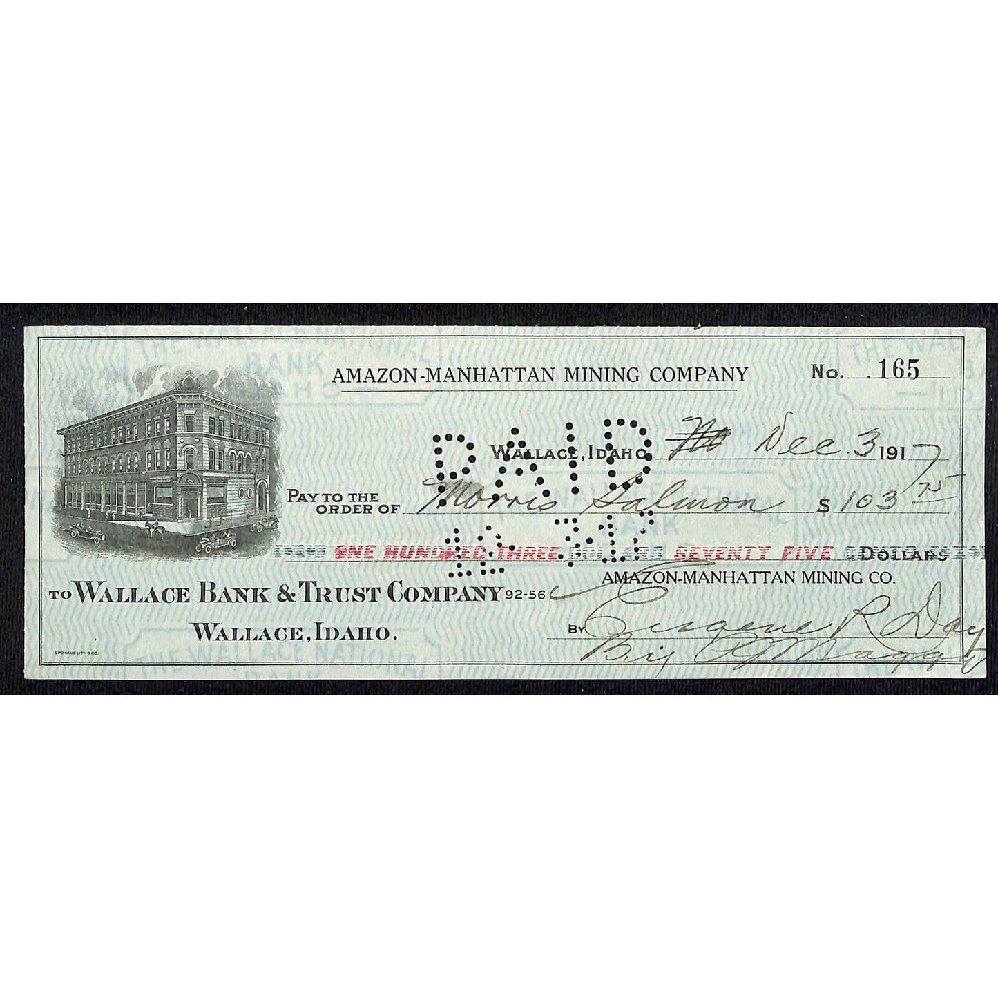 1917 Wallace, Idaho Amazon-Manhattan Mining Co. $103.75 Bank Check w/ Vignette