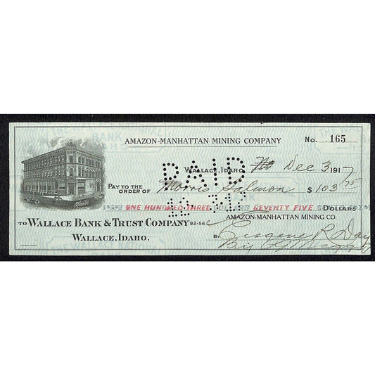 1917 Wallace, Idaho Amazon-Manhattan Mining Co. $103.75 Bank Check w/ Vignette