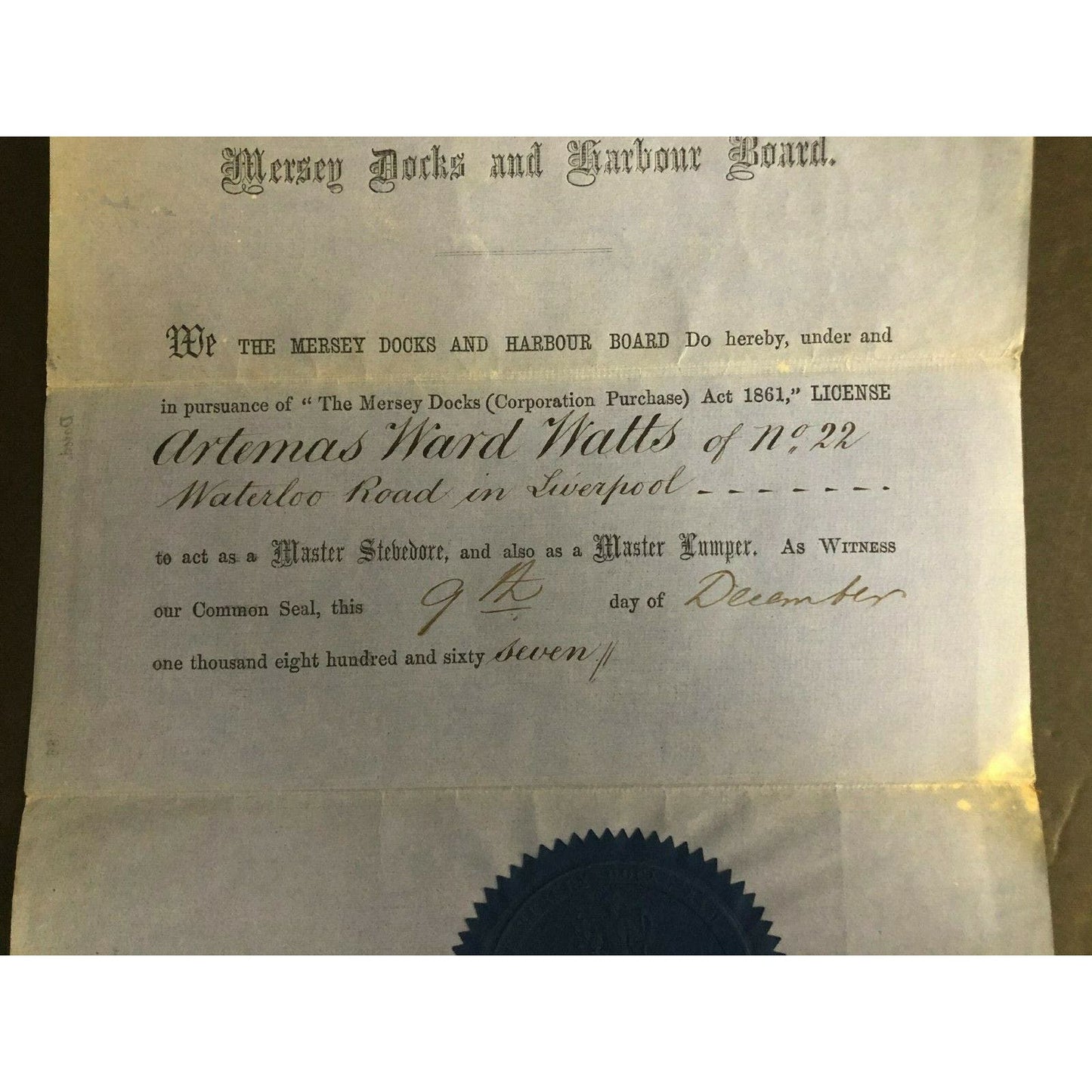Scarce 1867 Mersey Docks and Harbour Board "Master Stevedore" License Liverpool