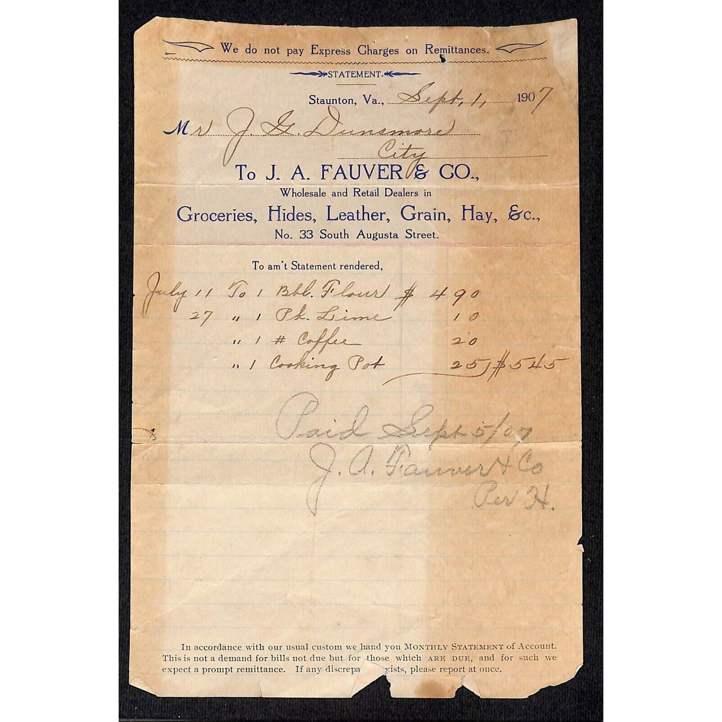 1907 Scarce J.A. Fauver Hides Leather Grain Hay Billhead Letterhead Staunton, VA