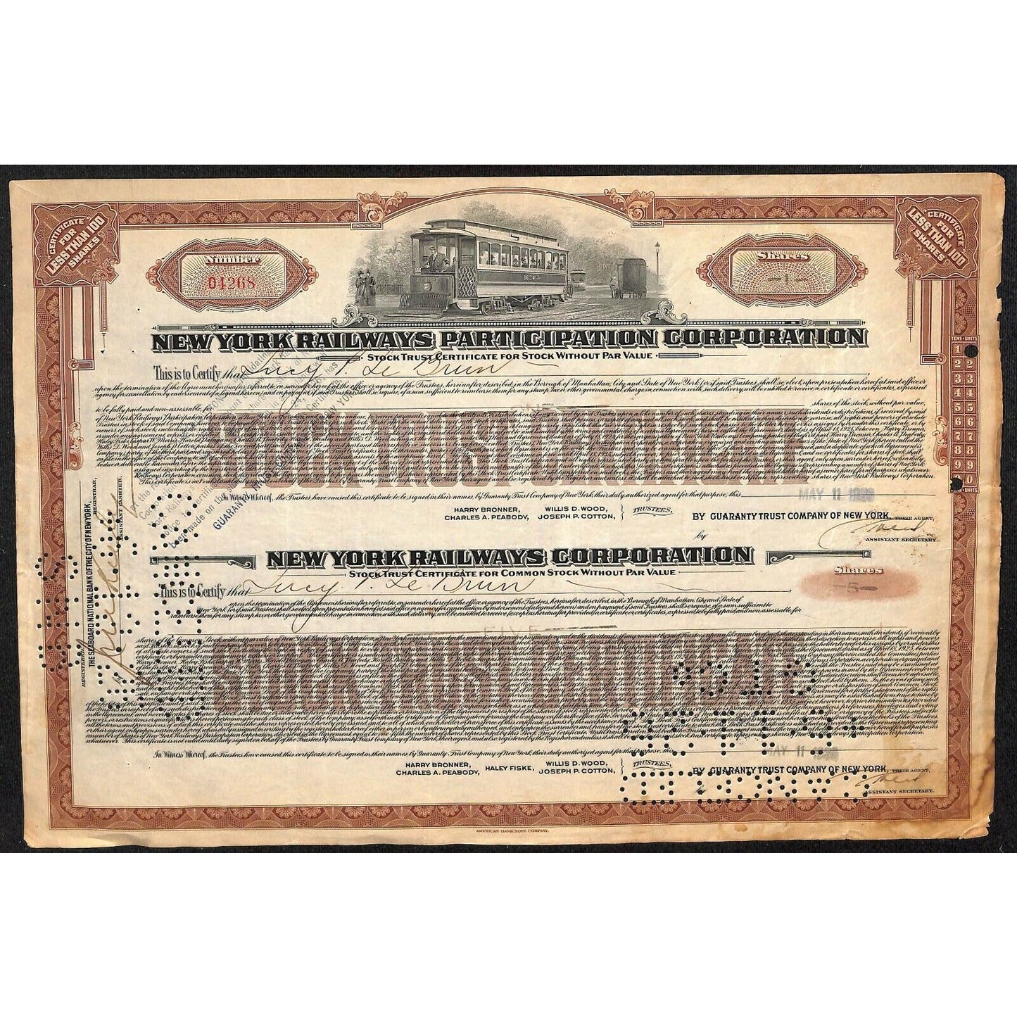 New York Railways Participation Corporation 1924 Cancel 26' Stock Certificate