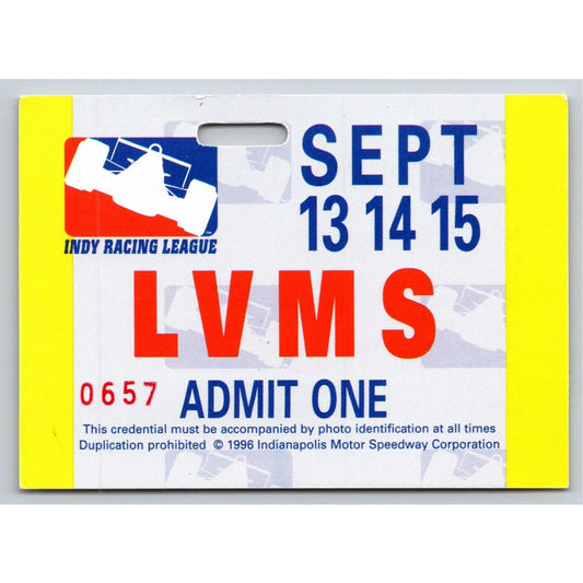 1996 LVMS Indianapolis Motor Speedway Admit One Lanyard Credential - VGC #657