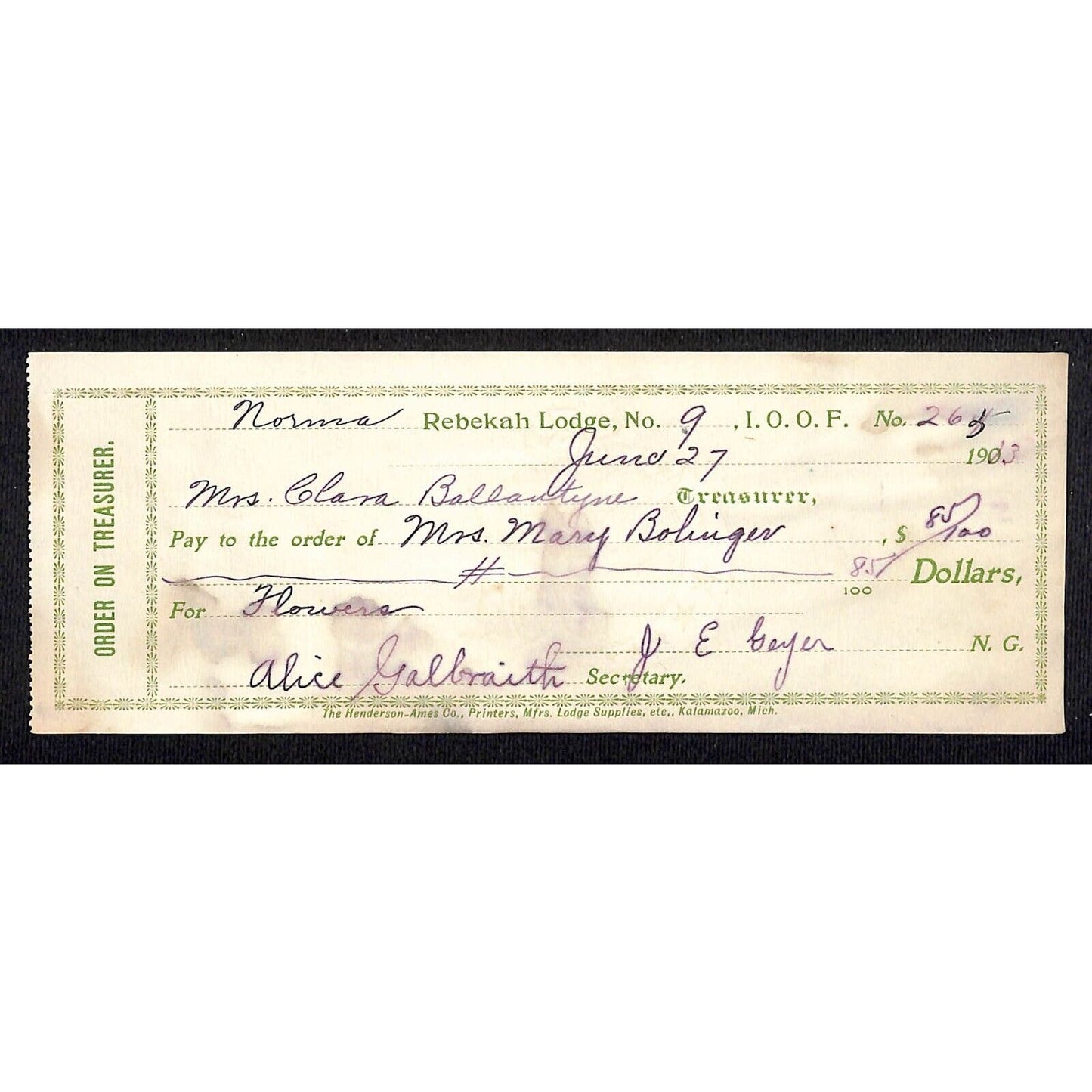 IOOF Odd Fellows Rebekah Lodge No.9 1903 Receipt / Billhead #263