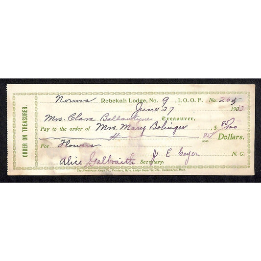 IOOF Odd Fellows Rebekah Lodge No.9 1903 Receipt / Billhead #263