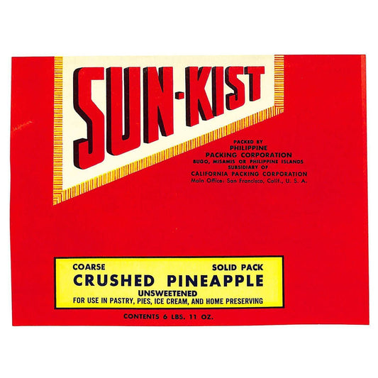 1949 Paper Label Sun-Kist Coarse Crushed Pineapple Philippine Packing - Scarce