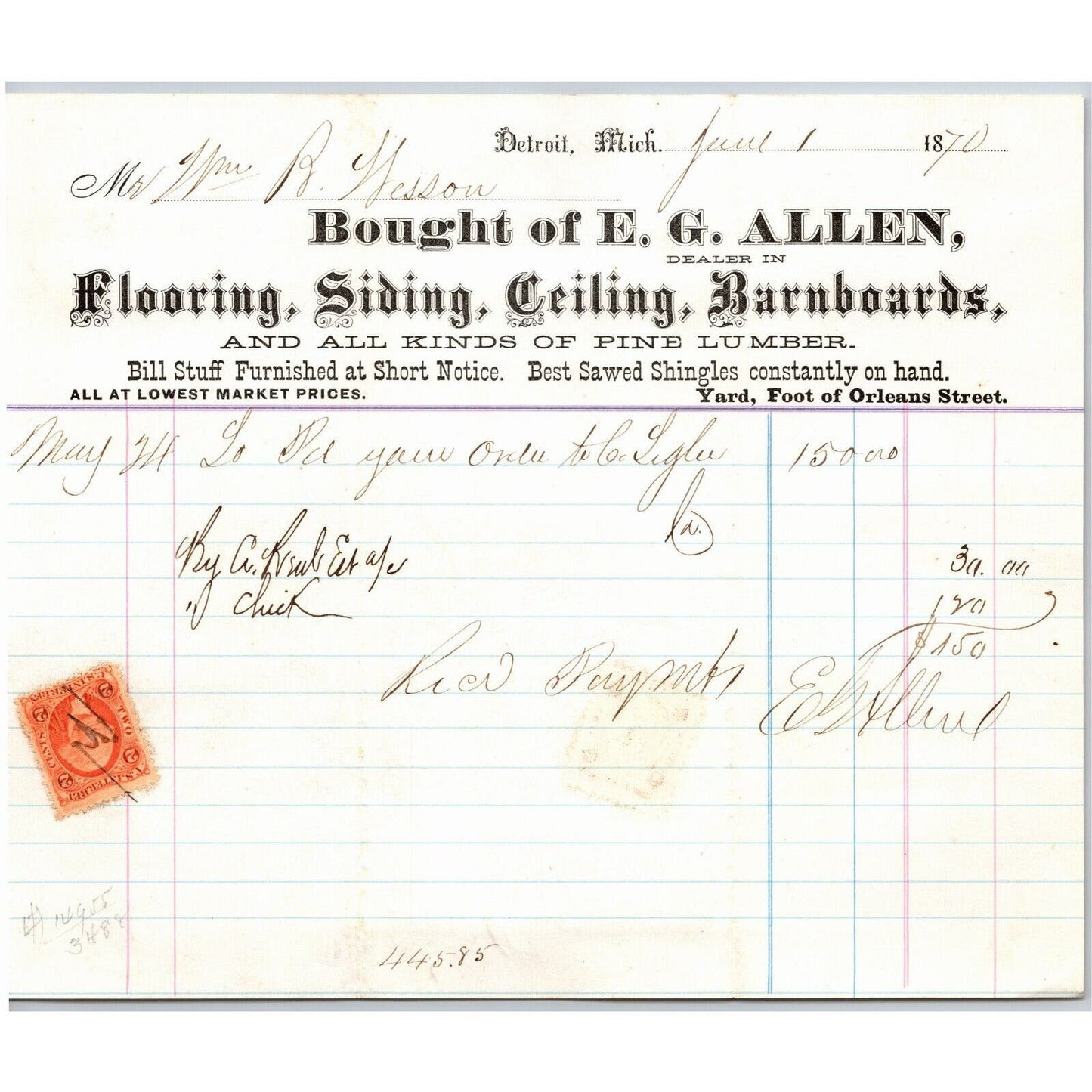 Detroit Letterhead - E.G. Allen Flooring Siding Barnboards 1870 w/ Rev Stamp