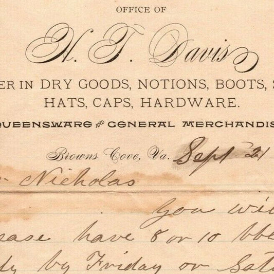 1891 Scarce H.T Davis Dry Goods Notions Hats Letterhead Billhead Browns Cove, VA
