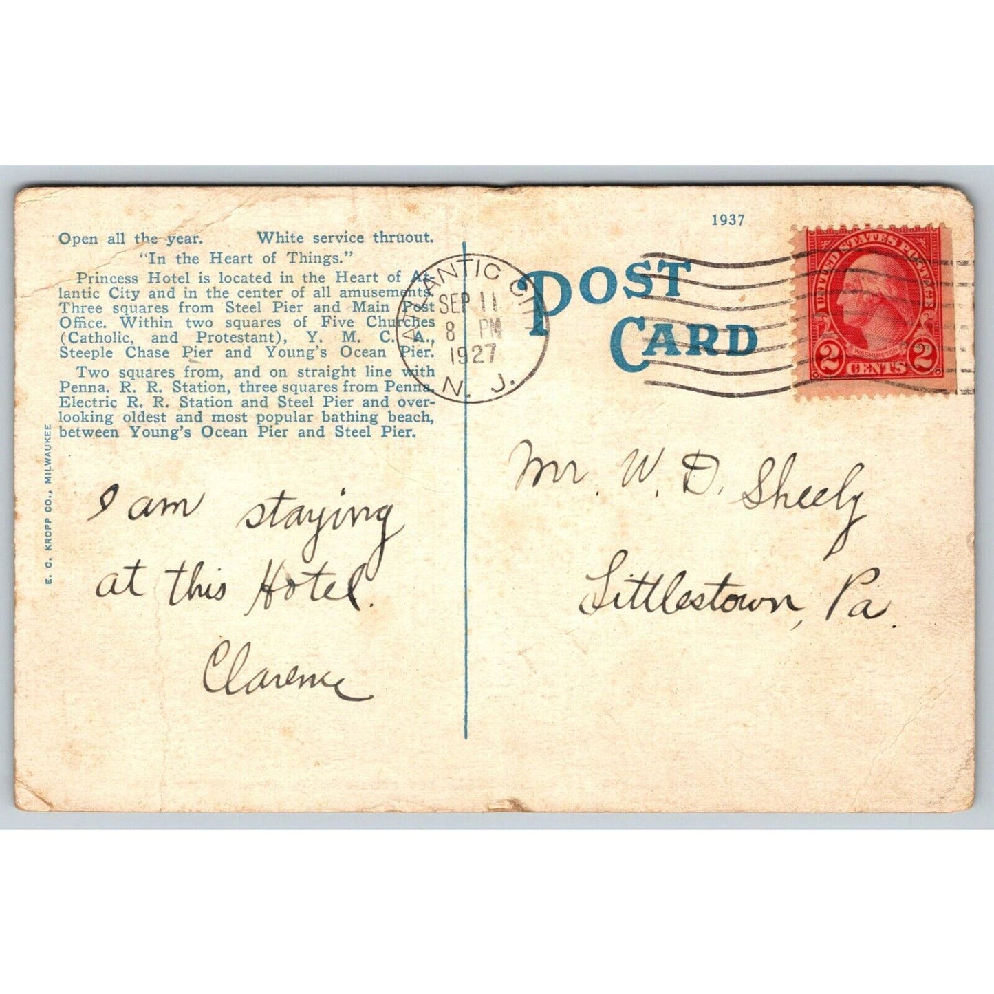 Princess Hotel Atlantic City, NJ Advertising Postcard PM 1927