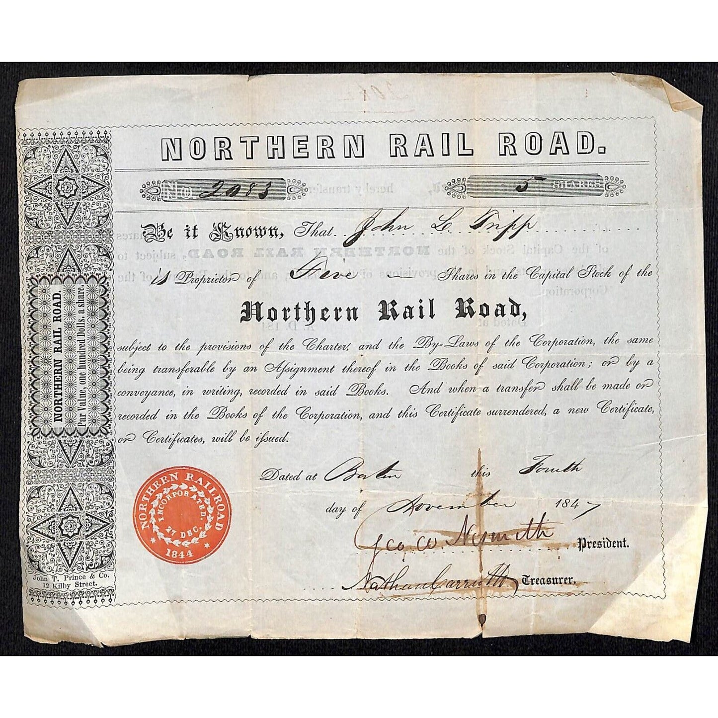 1847 Boston, MA Northern Railroad Stock Certificate No. 2083 for 5 Shares