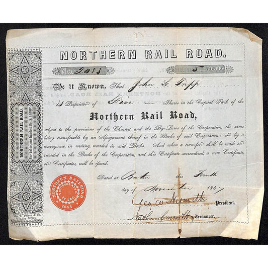 1847 Boston, MA Northern Railroad Stock Certificate No. 2083 for 5 Shares