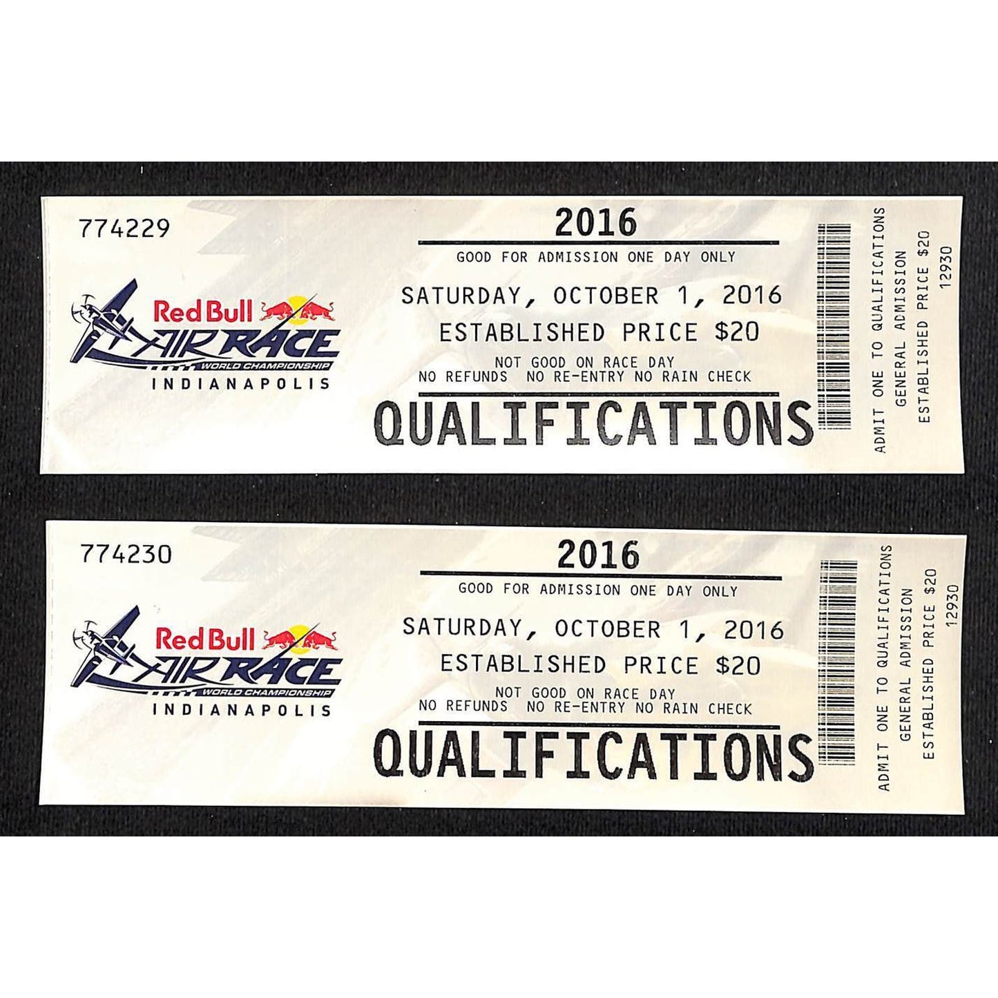 (2) 2016 Red Bull Air Race Qualifications Tickets Indianapolis Motor Speedway