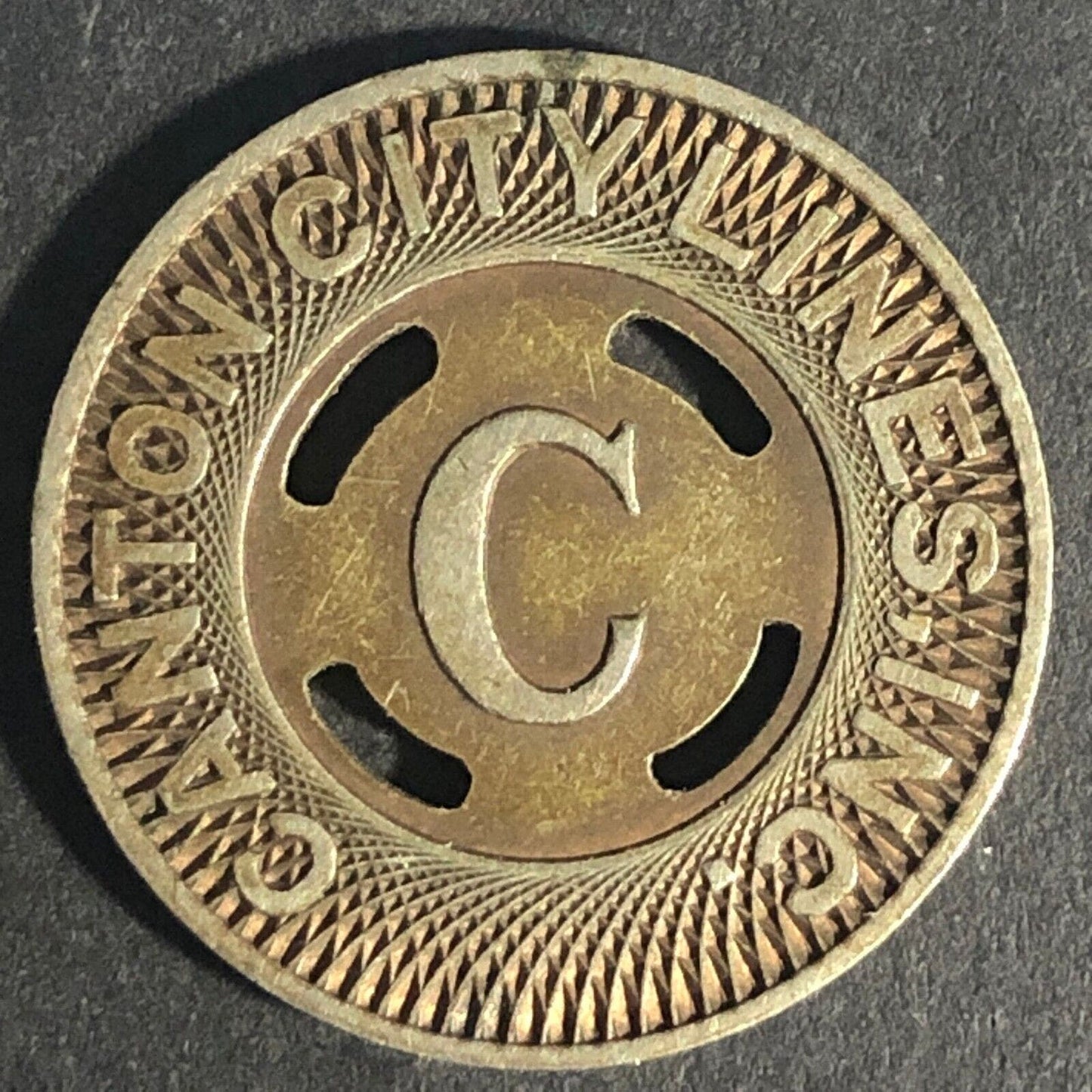 Canton City Lines Inc. "C" G/F One Fare Brass Transit Token -- 22.69mm