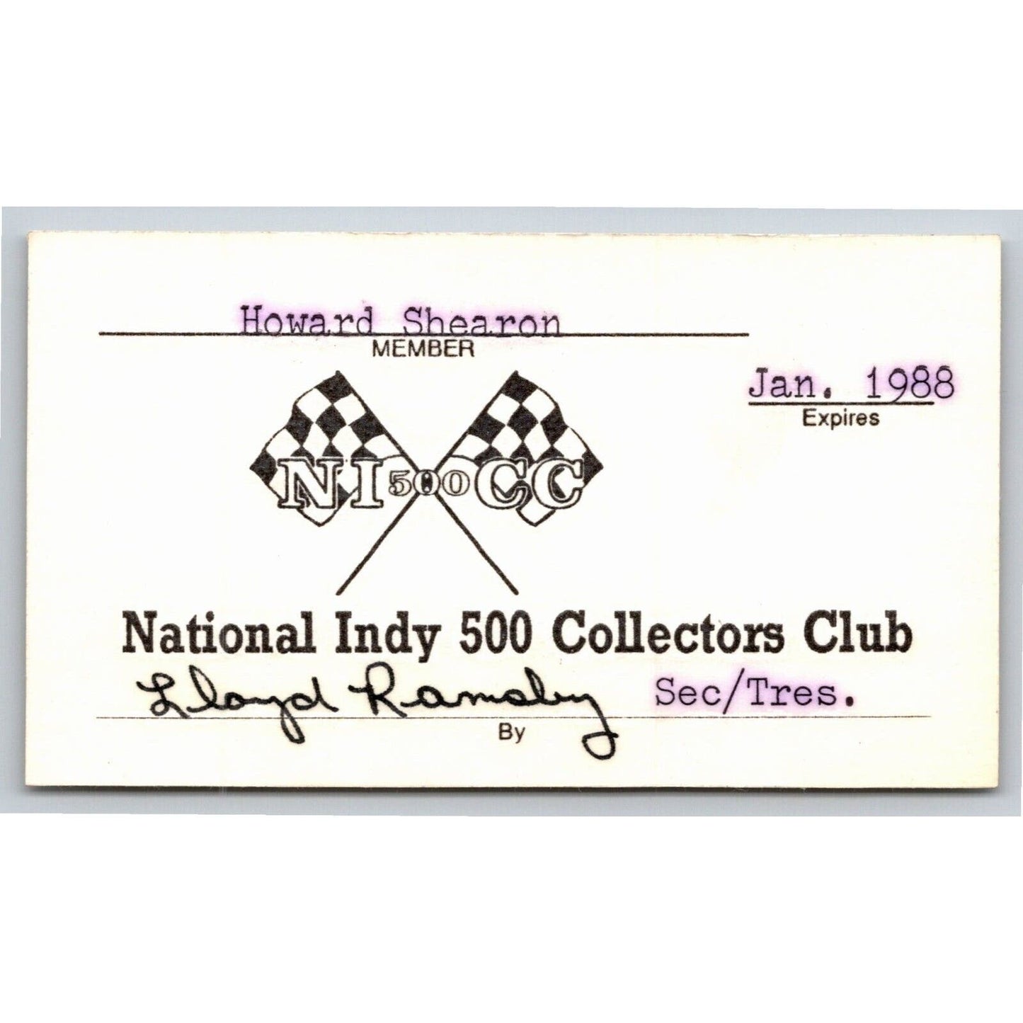 1987 "National Indy 500 Collectors Club" ID Membership Card Indianapolis IMS