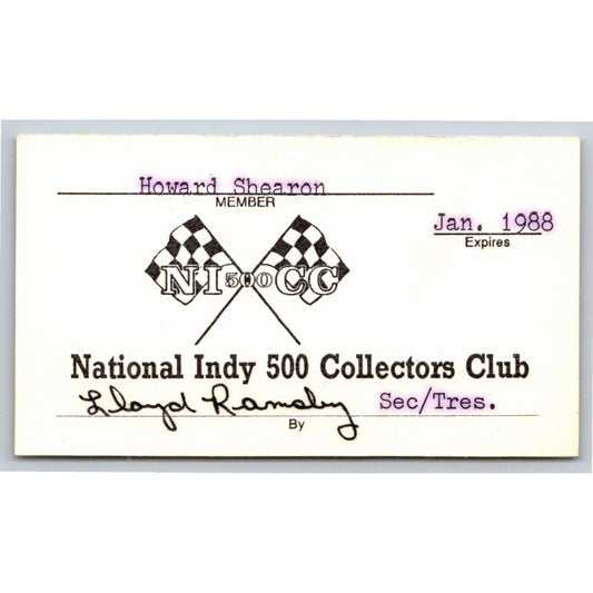 1987 "National Indy 500 Collectors Club" ID Membership Card Indianapolis IMS