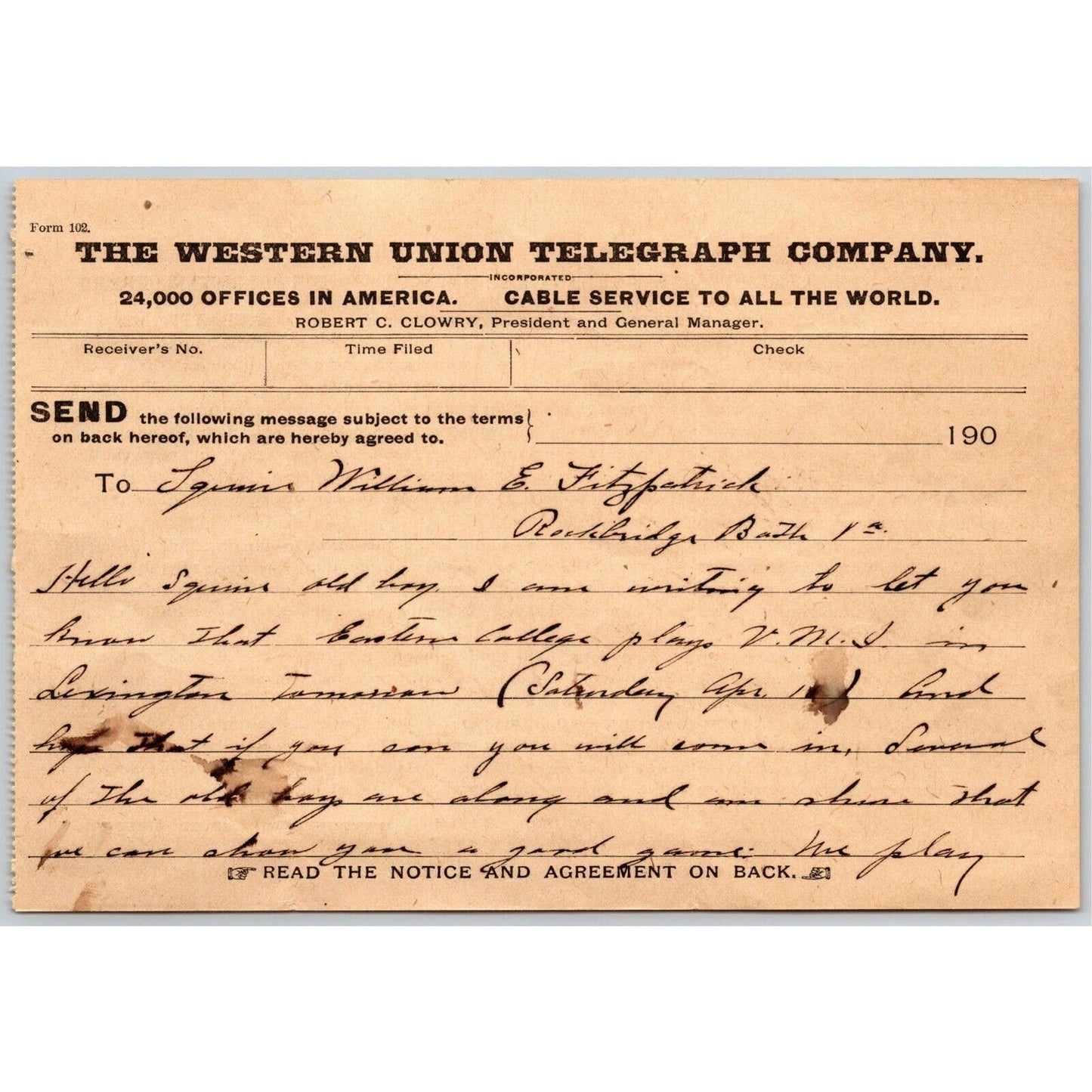 190? Western Union Telegraph re: Collage Game in Livingston Tennessee