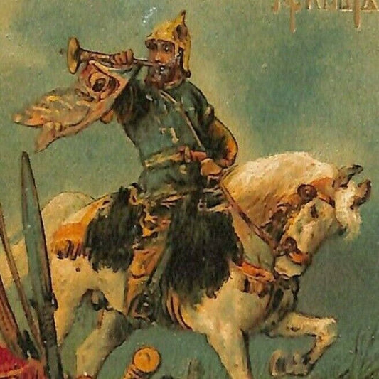 c1916 Russian Military Postcard Art - Soldier on Horseback Blows Horn