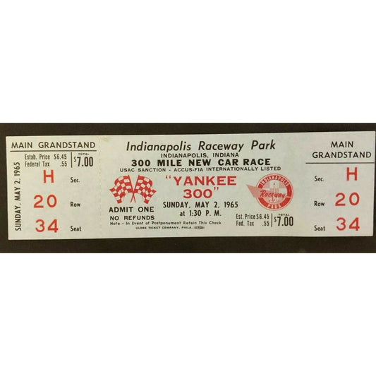 1965 Indianapolis Raceway Park "Yankee 300" New Car Race Full Ticket - VGC