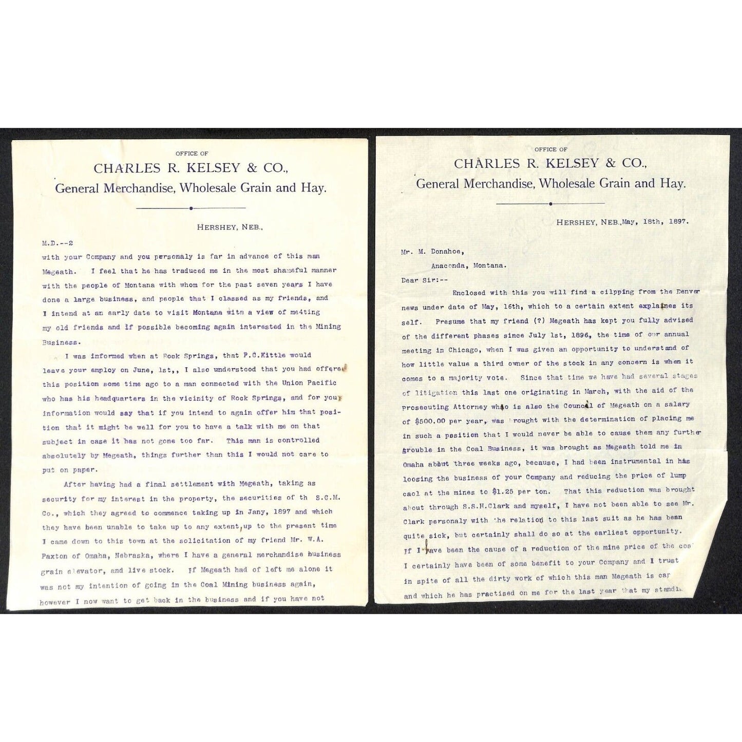 Hershey, NE Charles R. Kelsey & Co. Gen Mdse 1897 3pp Letterhead re: Coal Mining