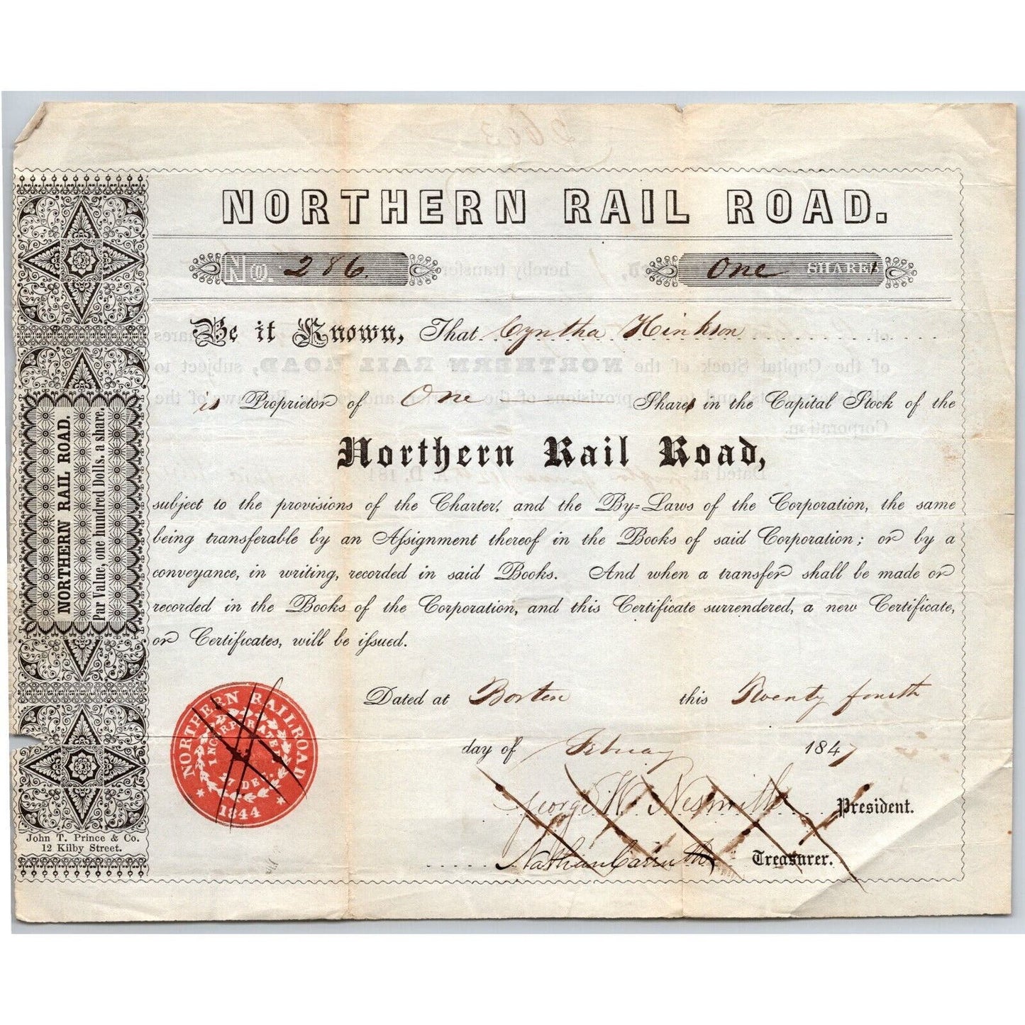 1847 Boston, MA Northern Railroad Stock Certificate LOW No. 286 for 1 Share