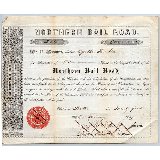1847 Boston, MA Northern Railroad Stock Certificate LOW No. 286 for 1 Share