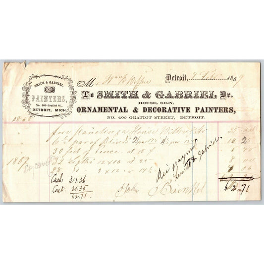 Detroit Letterhead Smith & Gabriel Ornamental & Decorative Painters - 1869