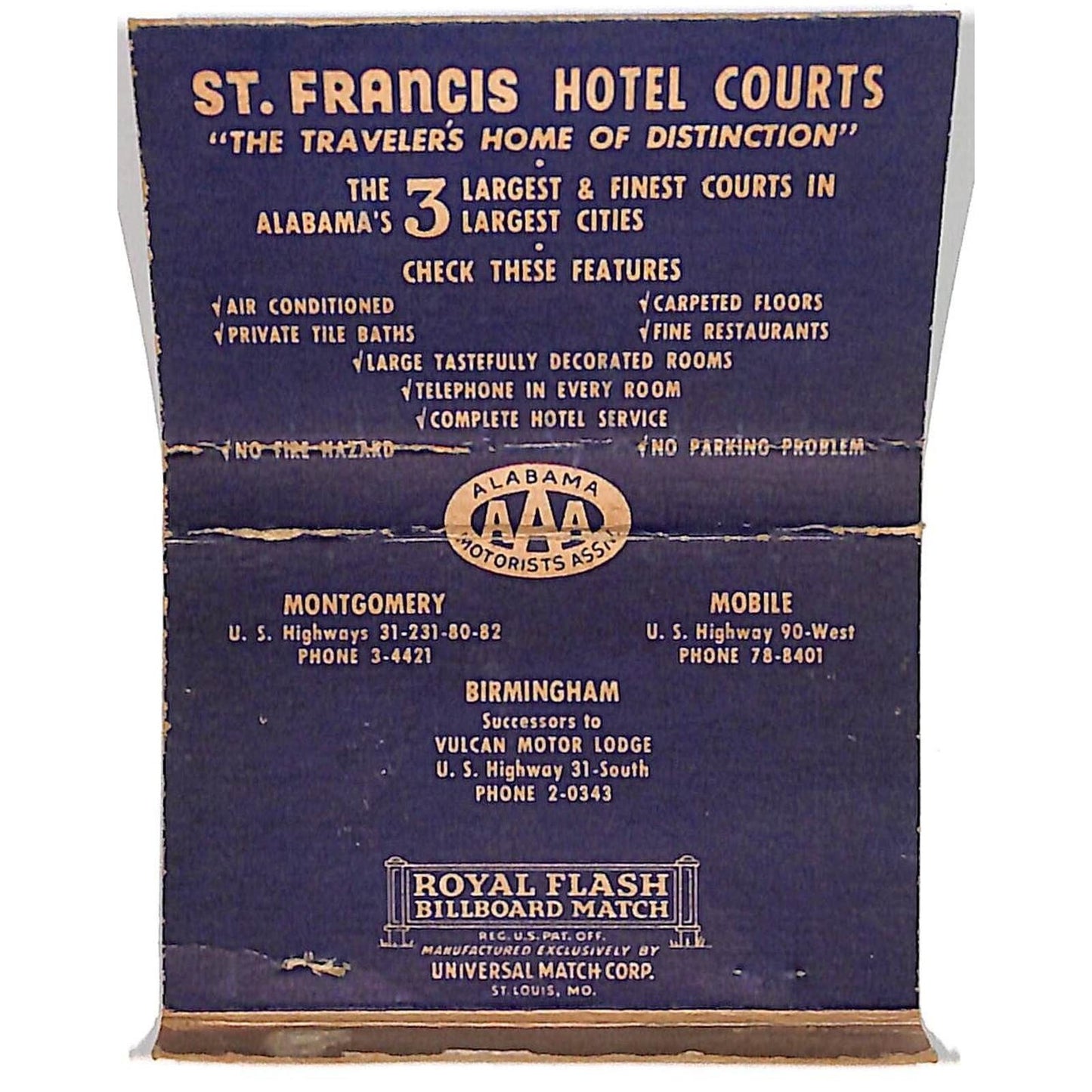 St. Francis Hotel Courts Birmingham, AL Empty Matchbook Cover c1950's