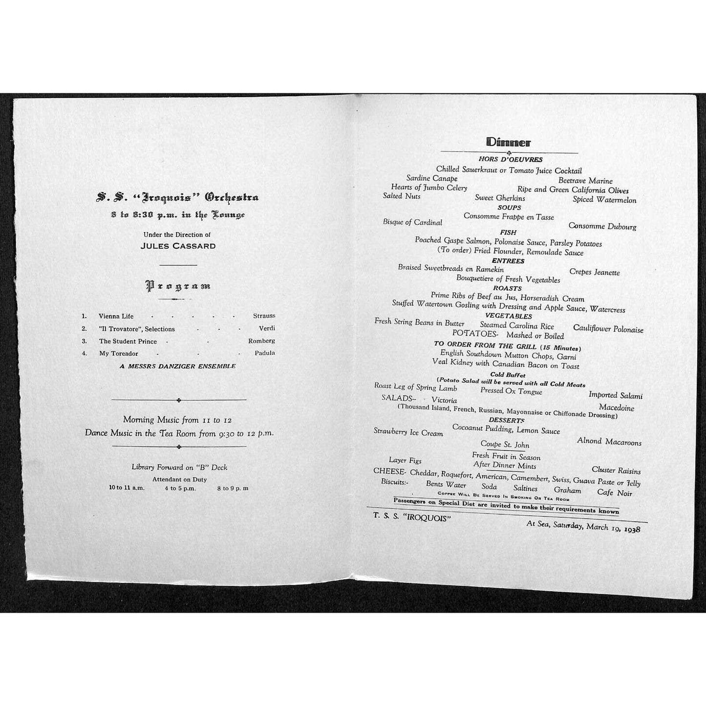1938 Clyde-Mallory Iroquois Cruise Line Dinner Menu Mar 19 VGC