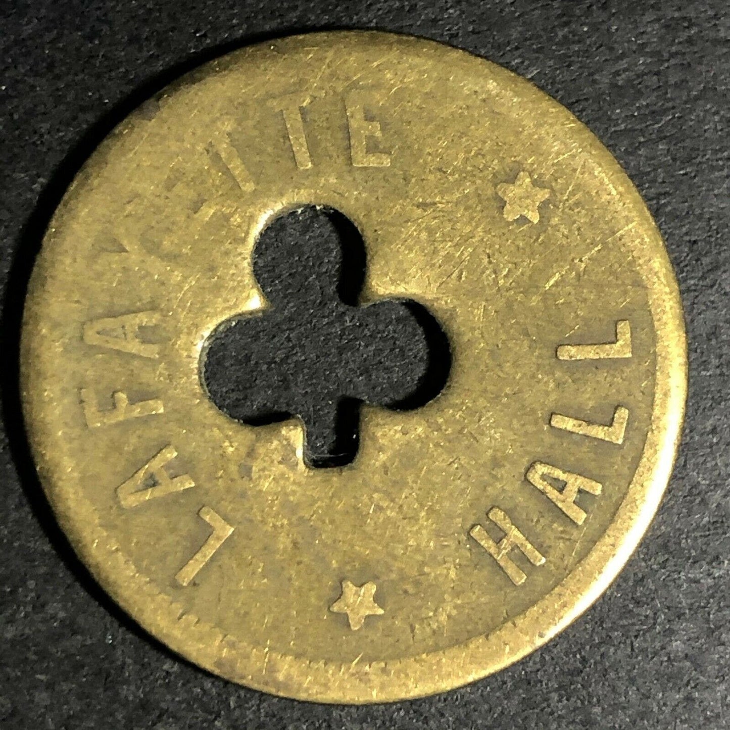 24.5mm Brass Lafayette Hall (Saloon Sacramento, CA) Token Clover Shamrock (#32)