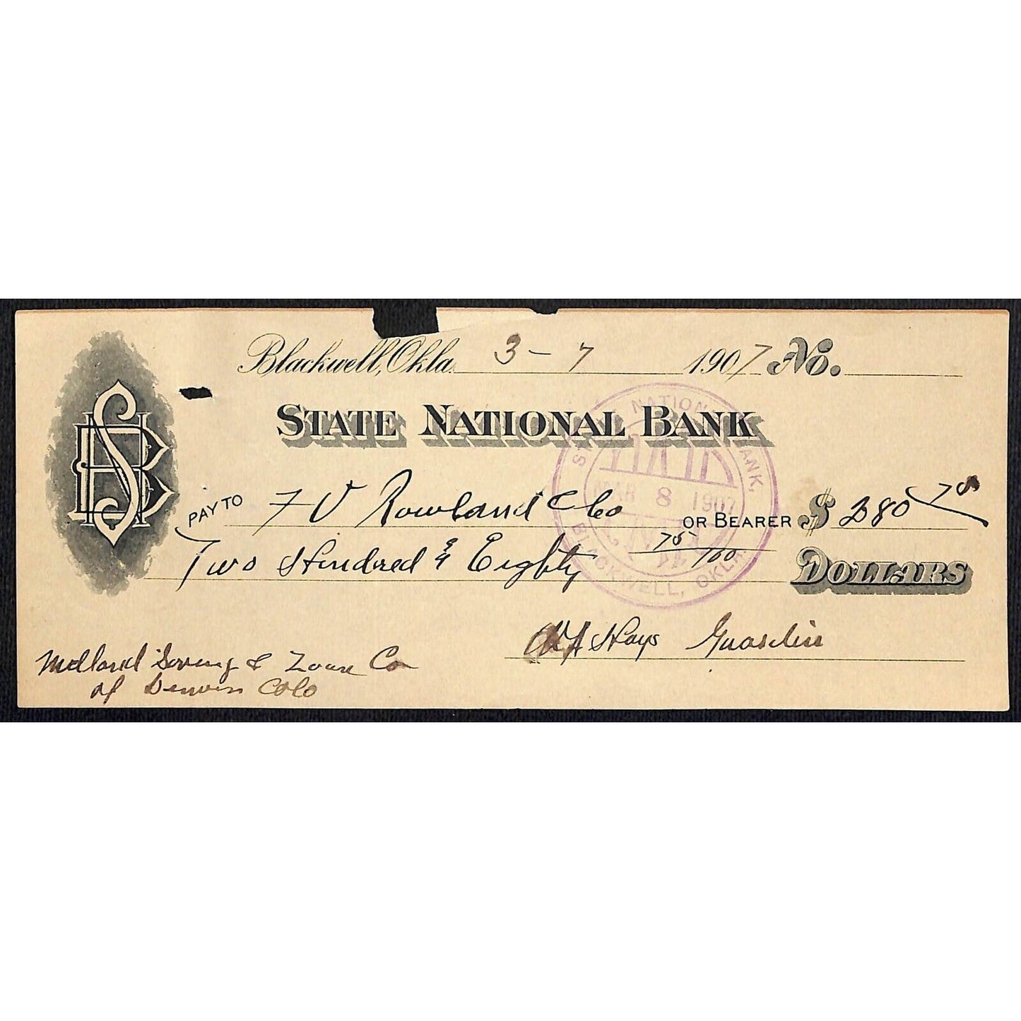 Blackwell, OK 1907 Territorial State National Bank Check - Scarce