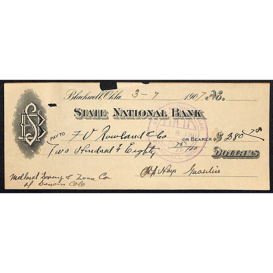 Blackwell, OK 1907 Territorial State National Bank Check - Scarce