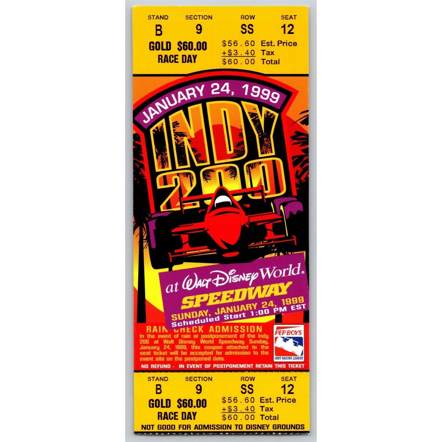1999 Indy 200 Walt Disney World Speedway Ticket Stub - Seat 12