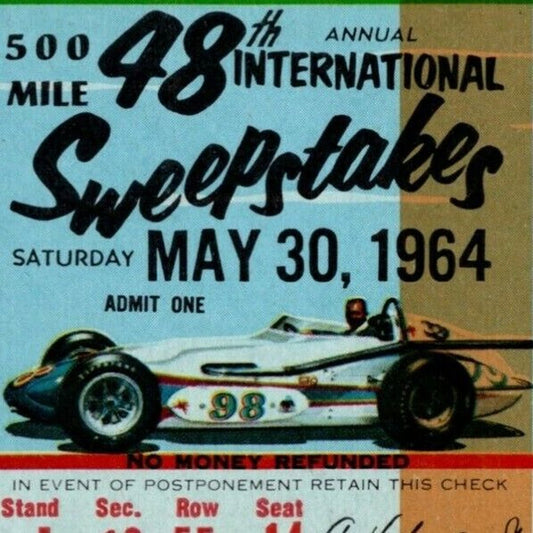 Indy 500 1964 Ticket Stub "500 Mile Intl. Sweepstakes" $12 Adm. Seat 14