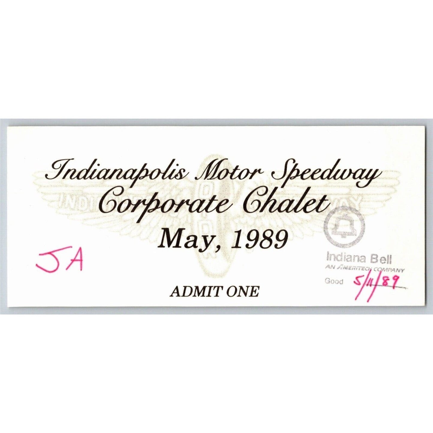 1989 Indy 500 Corporate Chalet "Indiana Bell" Ticket Stub Indianapolis IMS