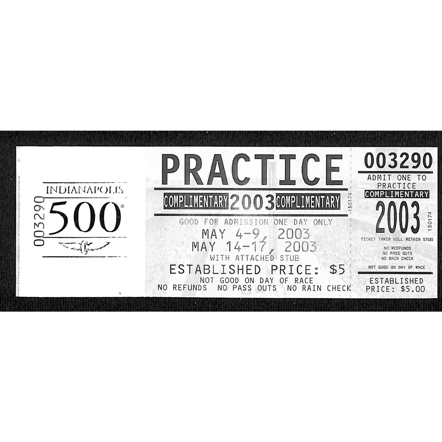 2003 Indy 500 Unused Comp Practice Ticket on IMS Foil Stamped Stock #3290 VGC