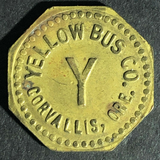 Yellow Bus "Y" Corvallis, Ore. G/F 1 Ride Brass Token 20.6mm Octagon Scarce