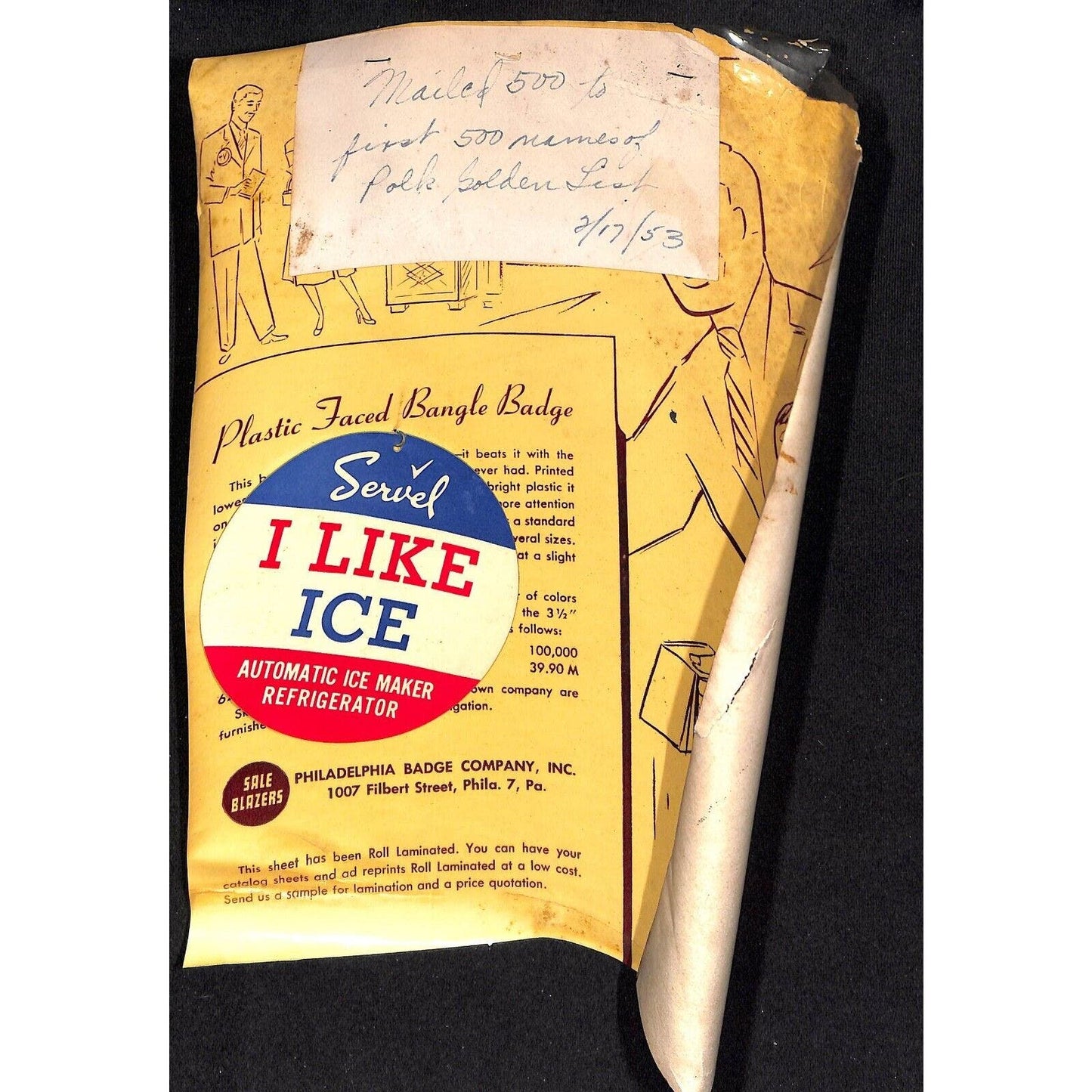 c1953 "I Like Ice" Refrigerator Pinback Button Disc Political on Sample Sheet