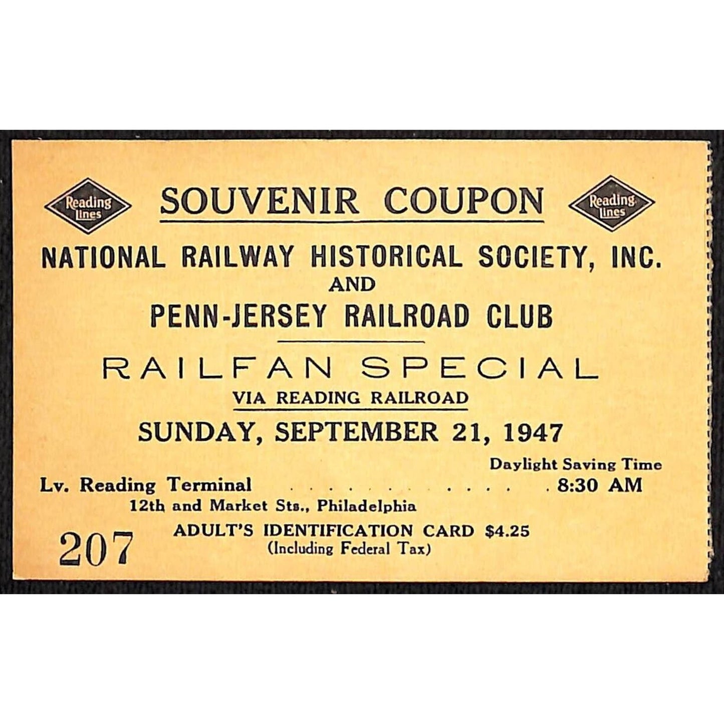 1947 National Railway Historical Society Reading Railroad Souvenir Ticket