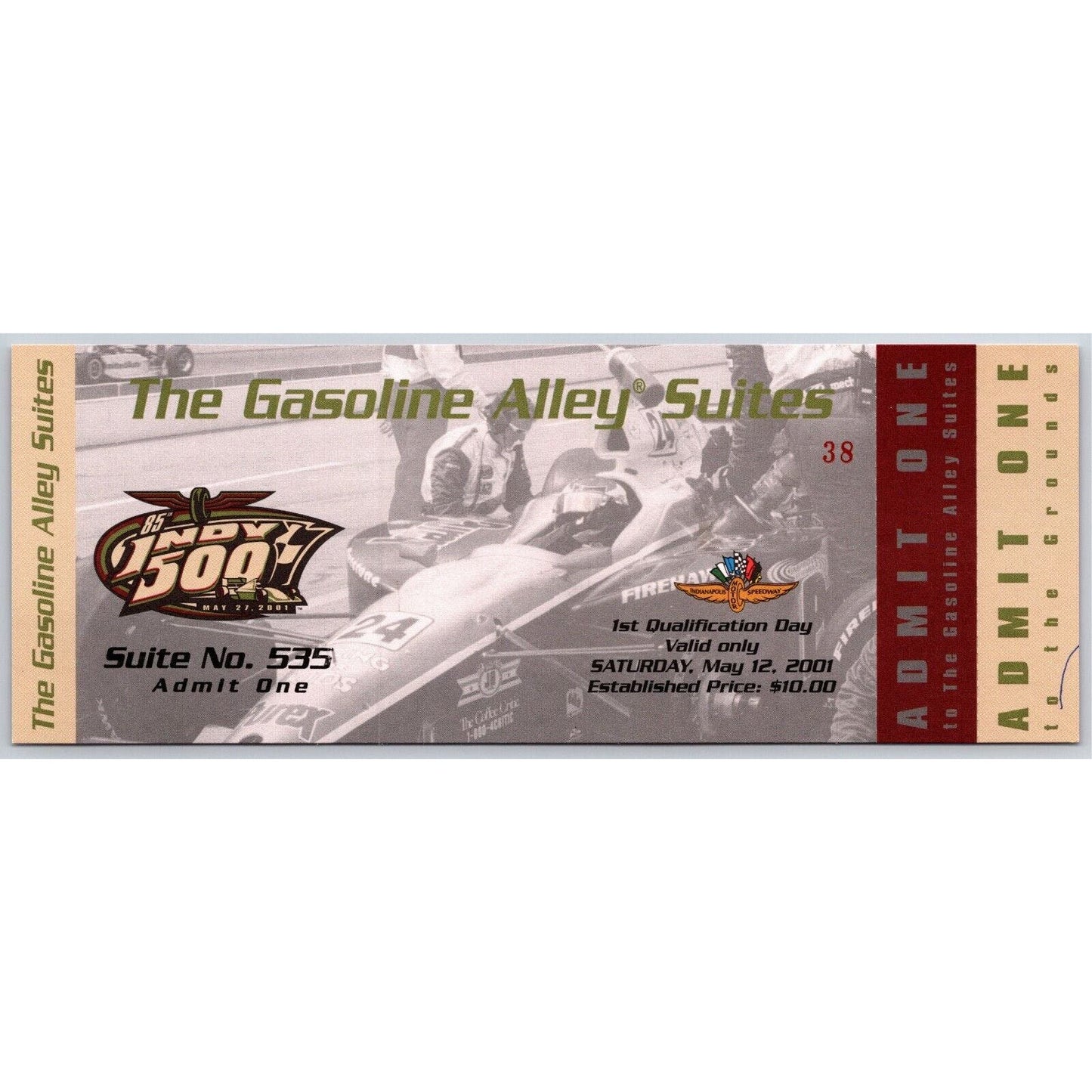 2001 Indy 500 Qualification Day Gasoline Alley Unused Ticket Indianapolis #38