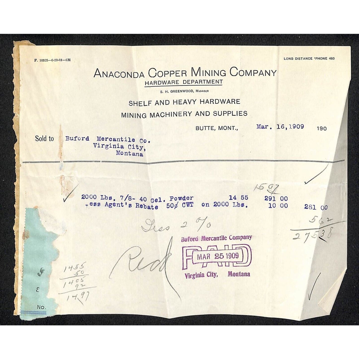 Butte, MT Anaconda Copper Mining Co. Hardware Dept. 1909 Buford* Billhead