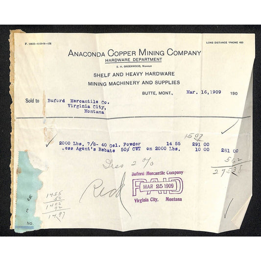 Butte, MT Anaconda Copper Mining Co. Hardware Dept. 1909 Buford* Billhead