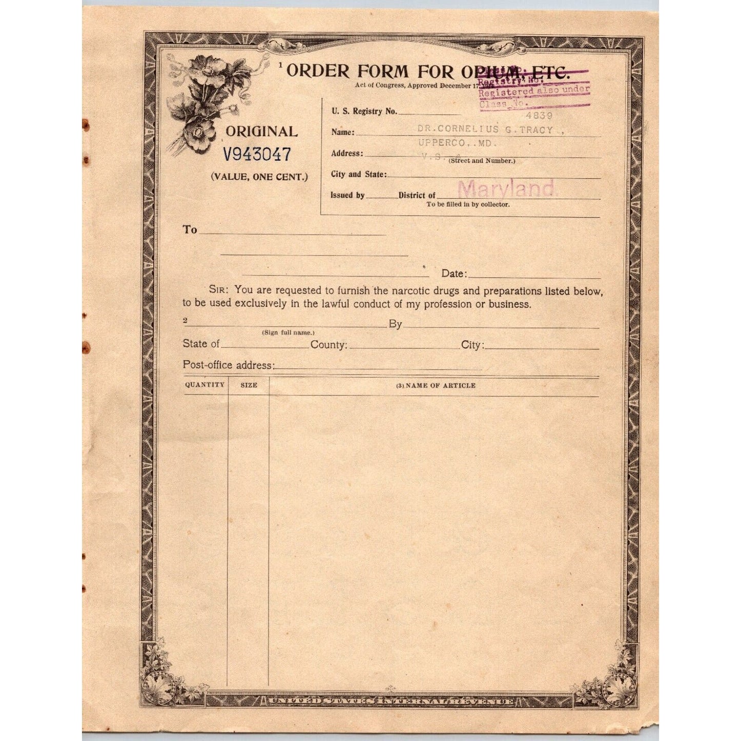 Opium / Narcotic Order Form - Original IRS Issued in Maryland c1922 V943047