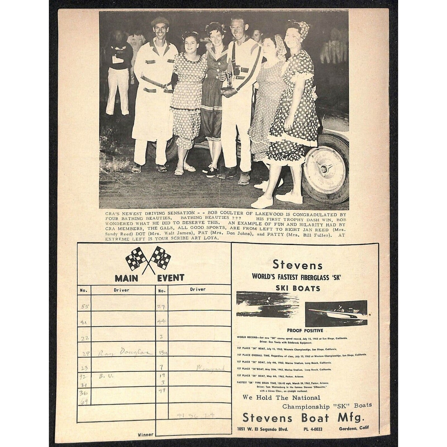 Scarce Sept 3 1962 CRA Big Car Races Auto Racing Program Ascot Gardena 8pp.