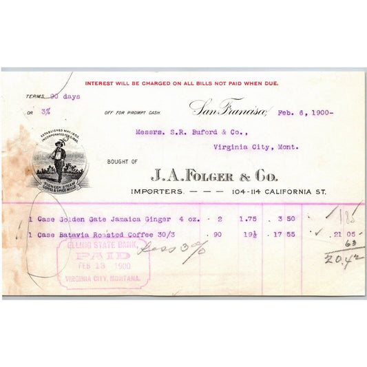 1900 J.A. Folger (Coffee Tea Spices) Letterhead - S.R. Buford Virginia City, MT
