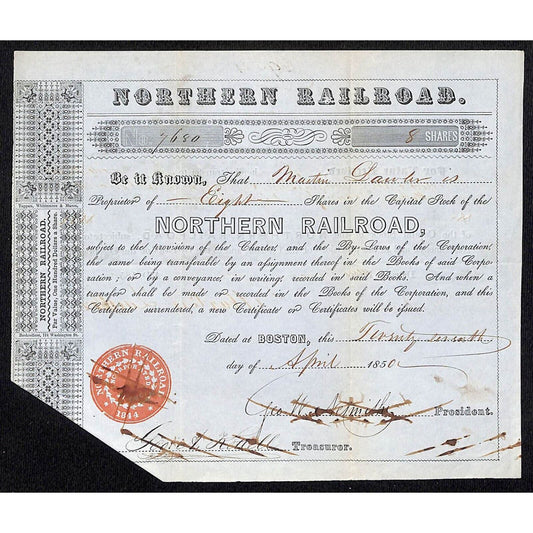 1850 Boston, MA Northern Railroad Stock Certificate No. 7680 for 8 Shares