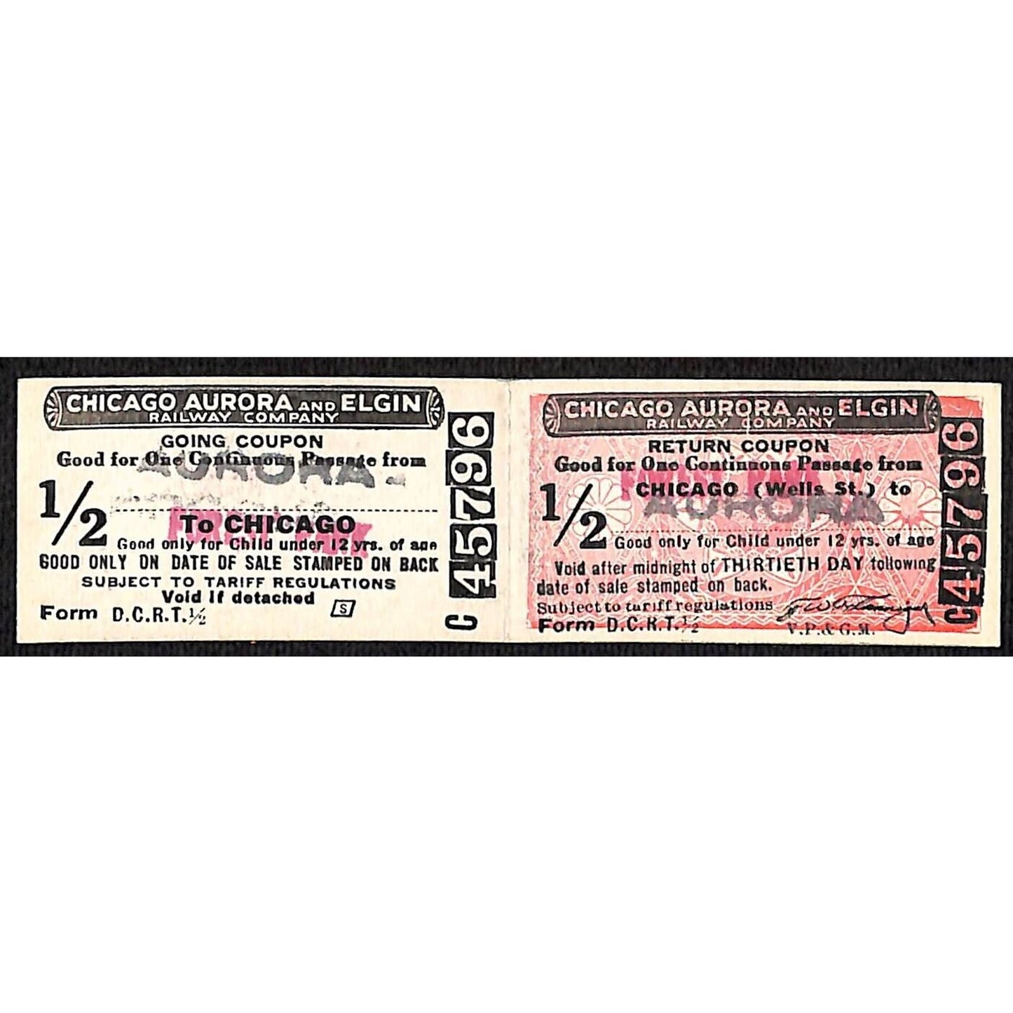 Chicago Aurora and Elgin 1902-57 2-way Attached Tickets Aurora #45796