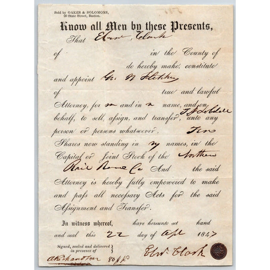 1847 Boston MA Power of Attorney re: 10 Shares Northern Railroad Stock w/ Seal