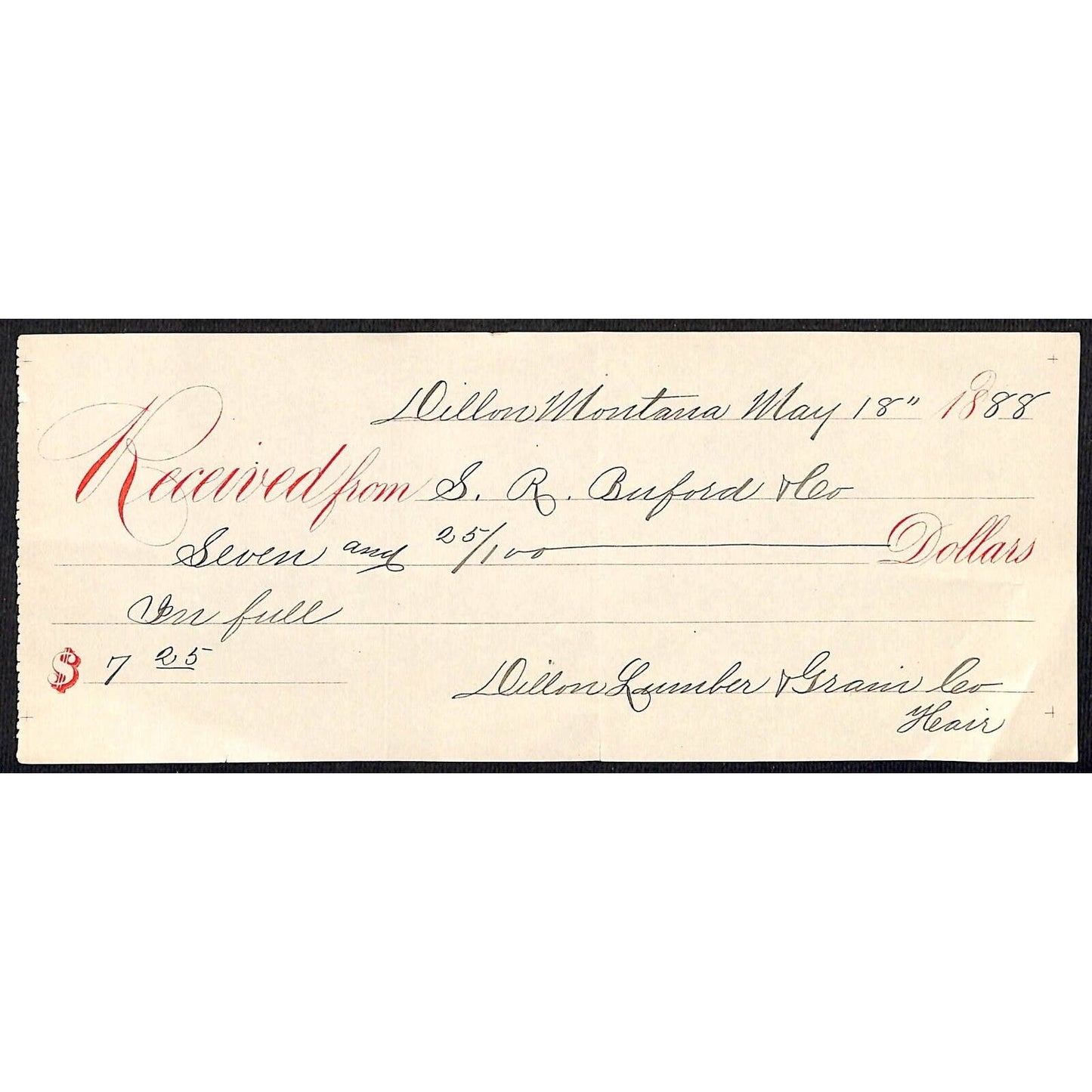 Dillon Montana S.R. Buford / Dillon Lumber & Grain 1888 $7.25 Payment Receipt