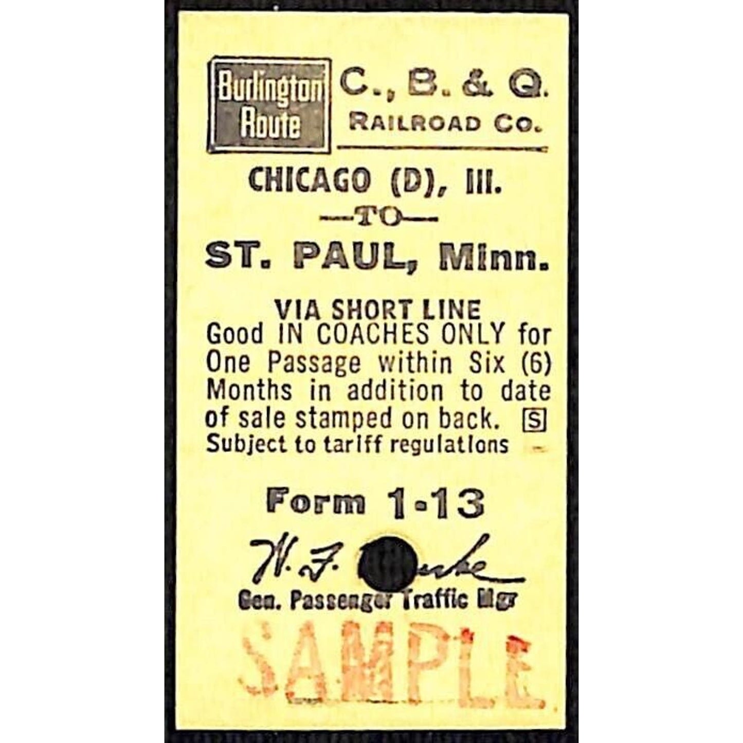 Chicago, Burlington & Quincy Railroad C., B. & Q. SAMPLE Ticket to St. Paul