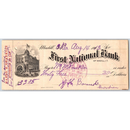 Madill, Oklahoma 1913 Hardy & Franklin Attorneys FNB Bank Check Vignette Scarce