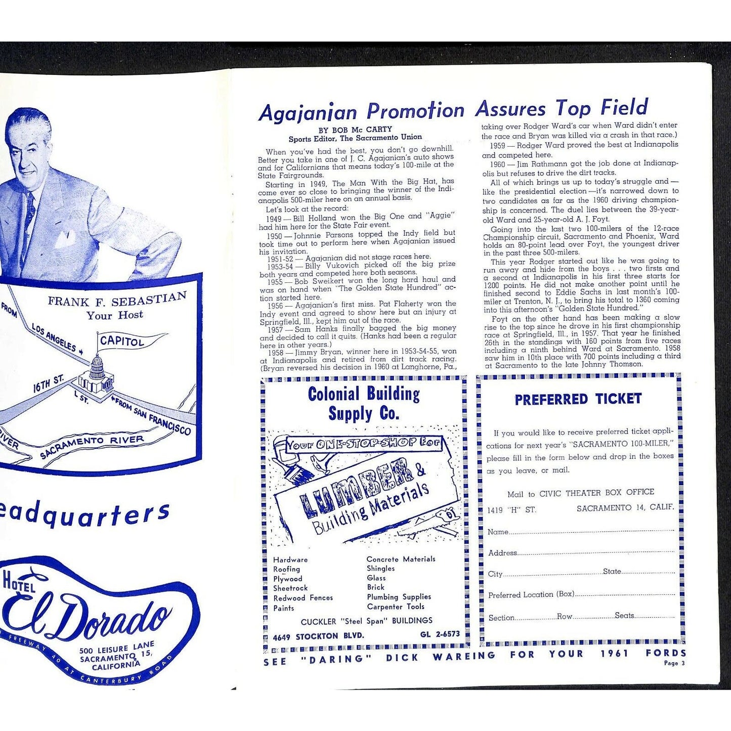 Scarce 10/30 1960 Sacramento State Fair USAC Racing Program Big Car 100 Mile